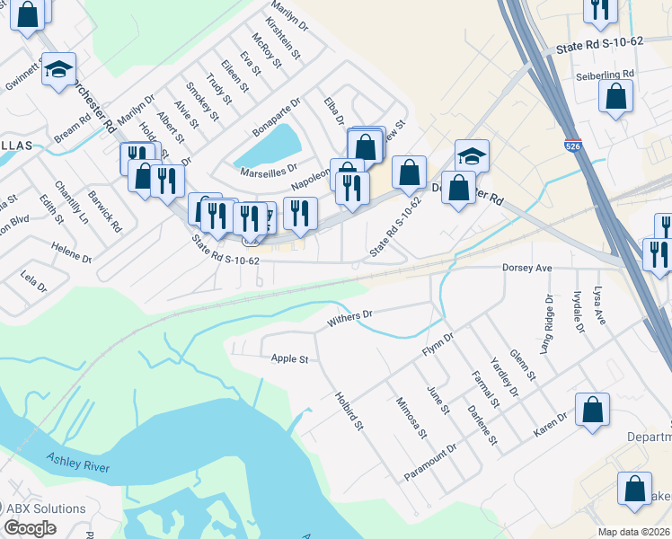 map of restaurants, bars, coffee shops, grocery stores, and more near 4539 West Montague Avenue in North Charleston