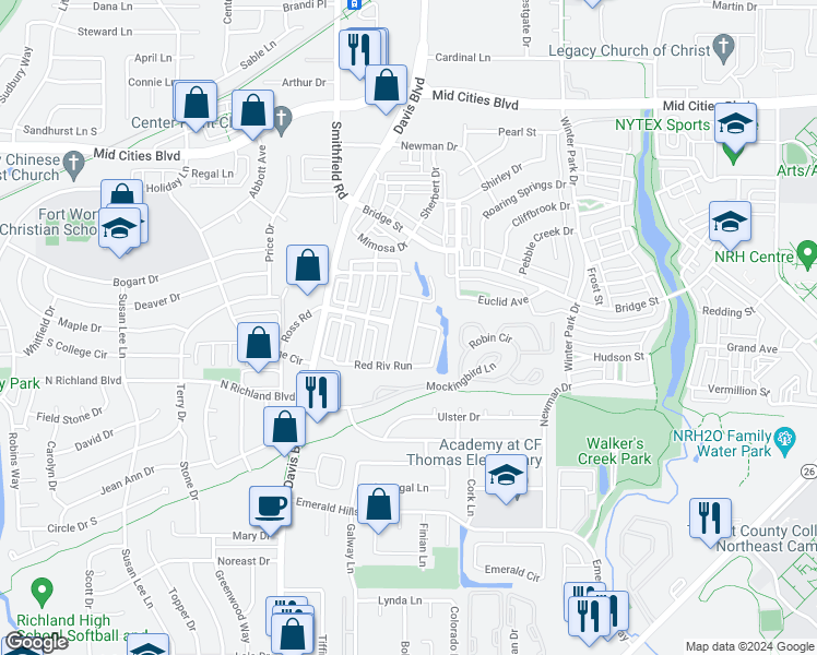 map of restaurants, bars, coffee shops, grocery stores, and more near 5925 Barton Springs Drive in North Richland Hills