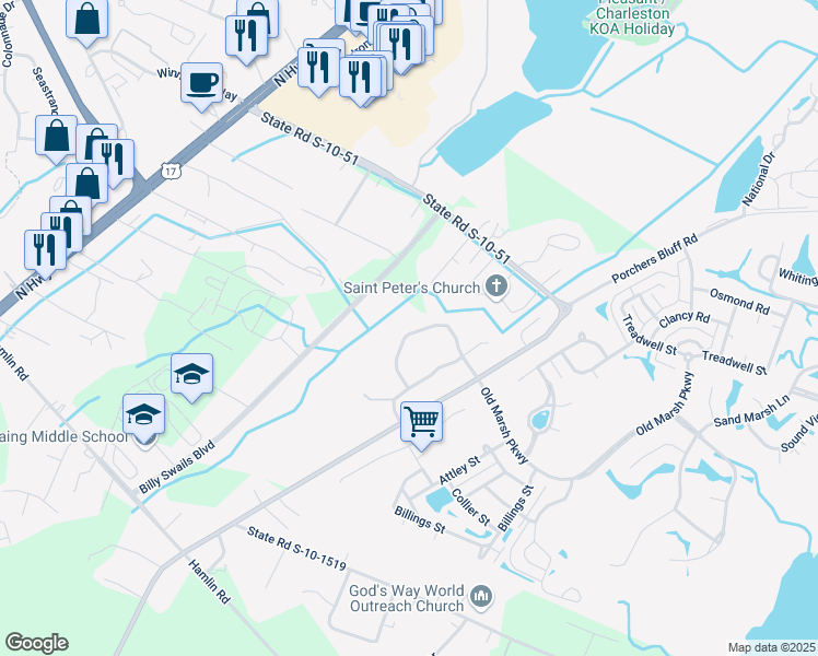 map of restaurants, bars, coffee shops, grocery stores, and more near 1374 Hamlin Park Circle in Mount Pleasant
