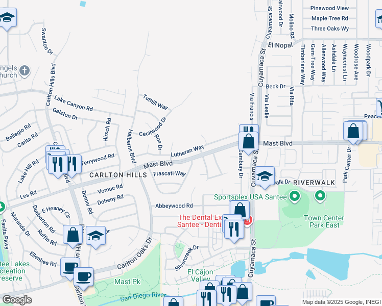 map of restaurants, bars, coffee shops, grocery stores, and more near 9671 Lutheran Way in Santee