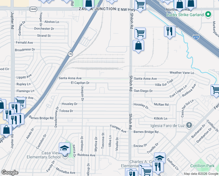 map of restaurants, bars, coffee shops, grocery stores, and more near 2703 San Diego Drive in Dallas