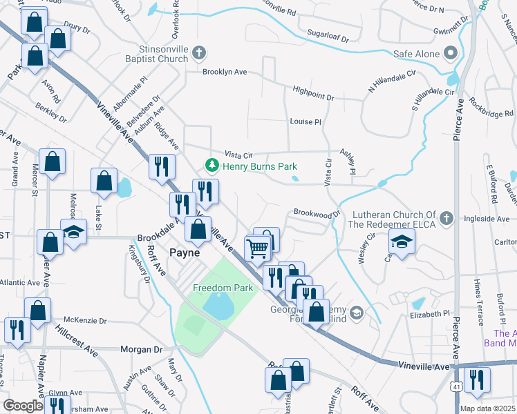map of restaurants, bars, coffee shops, grocery stores, and more near 221 Ridgewood Avenue in Macon