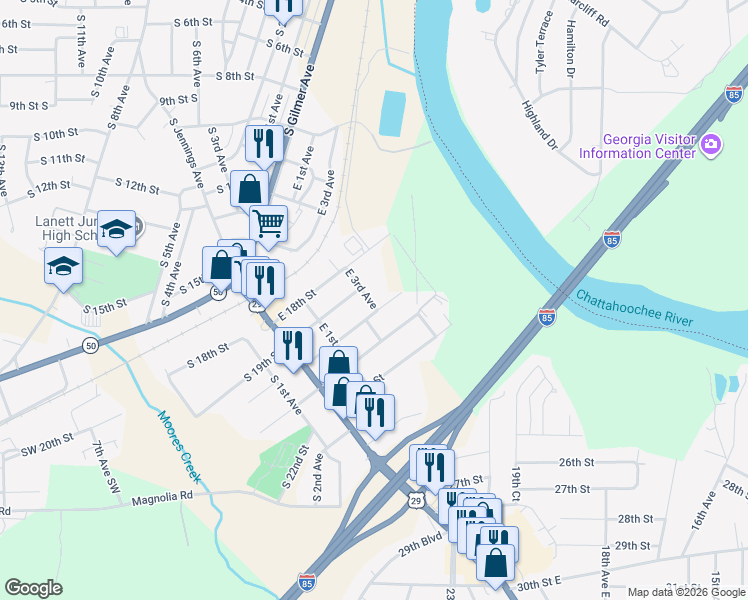 map of restaurants, bars, coffee shops, grocery stores, and more near 1911 East 3rd Avenue in Lanett