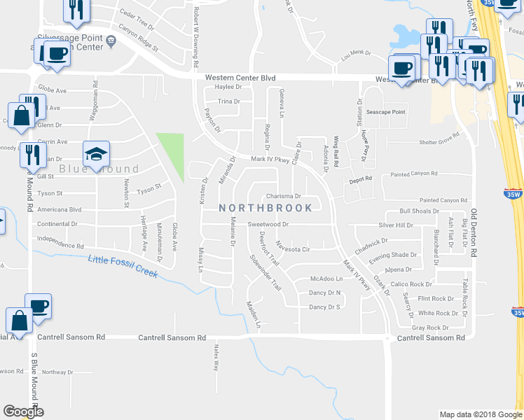 map of restaurants, bars, coffee shops, grocery stores, and more near 2216 Priscella Drive in Fort Worth