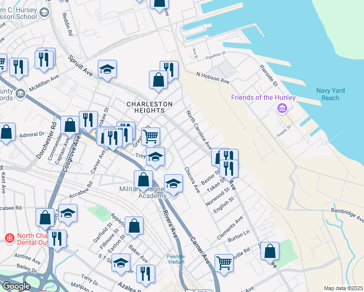 map of restaurants, bars, coffee shops, grocery stores, and more near 1914 Orvid Street in North Charleston