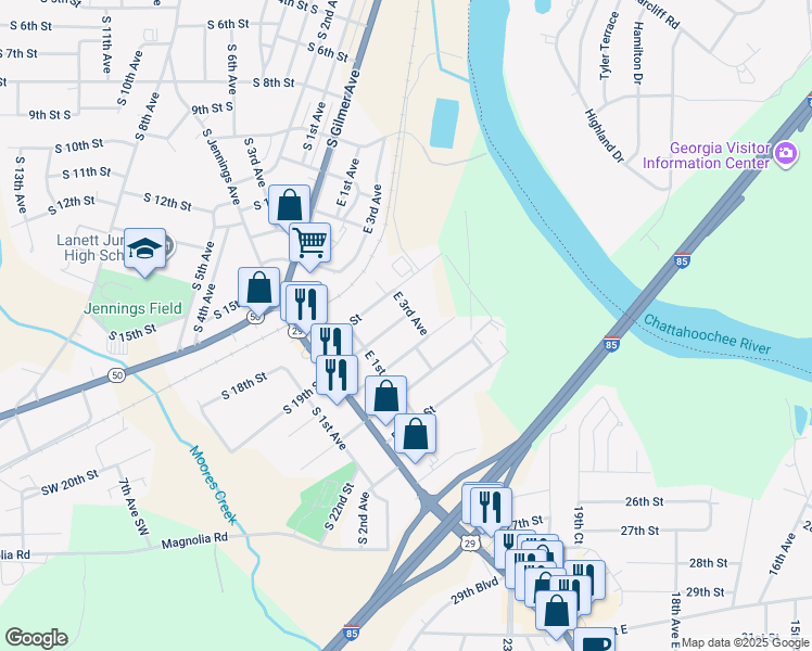 map of restaurants, bars, coffee shops, grocery stores, and more near 216 East 19th Street in Lanett