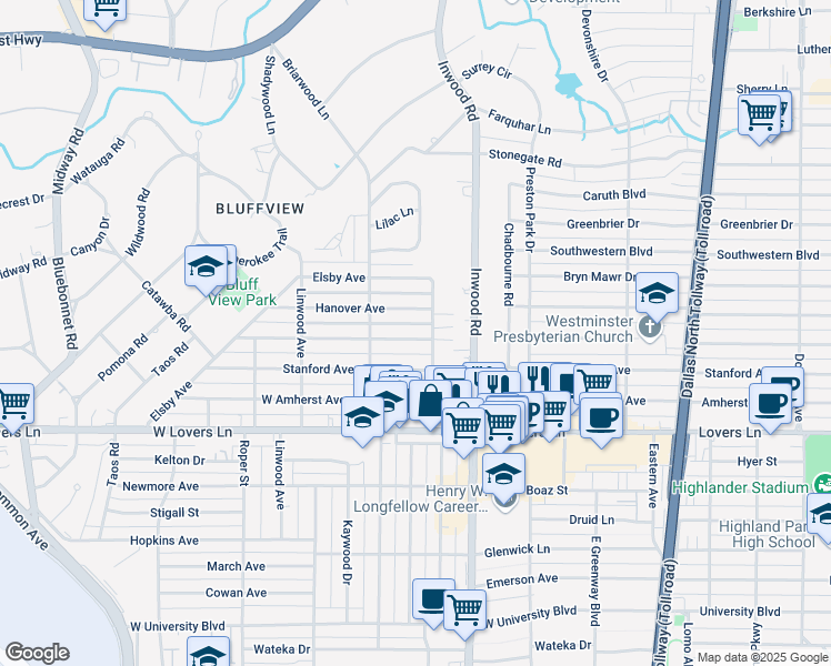 map of restaurants, bars, coffee shops, grocery stores, and more near 5115 Purdue Avenue in Dallas