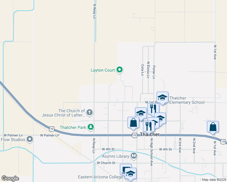 map of restaurants, bars, coffee shops, grocery stores, and more near 1489 West 8th Street in Thatcher