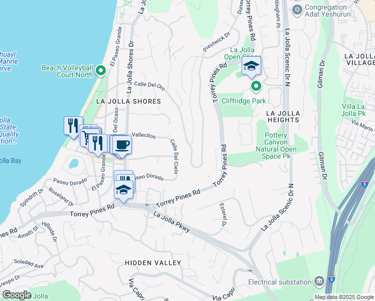 map of restaurants, bars, coffee shops, grocery stores, and more near 8131 Calle Del Cielo in San Diego