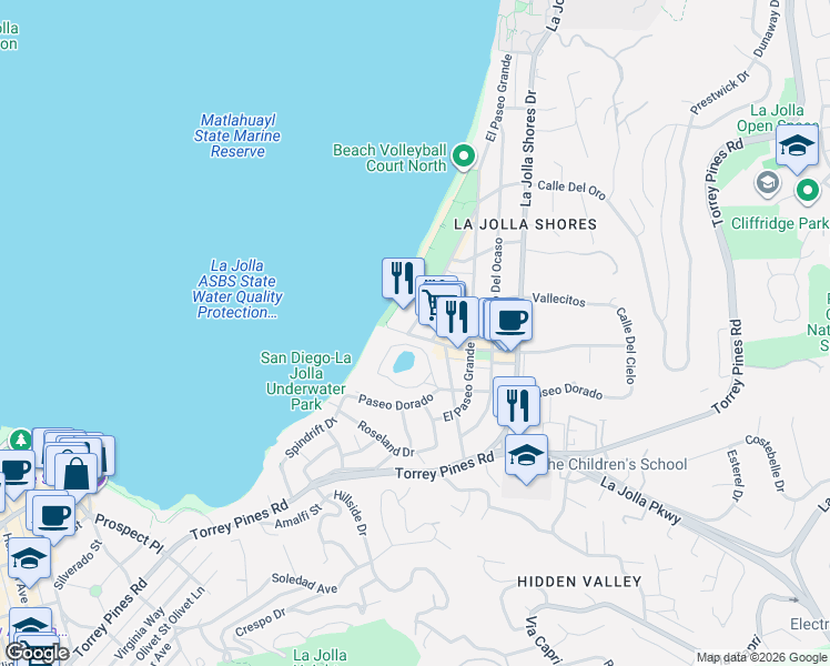 map of restaurants, bars, coffee shops, grocery stores, and more near 8110 Camino Del Oro in San Diego
