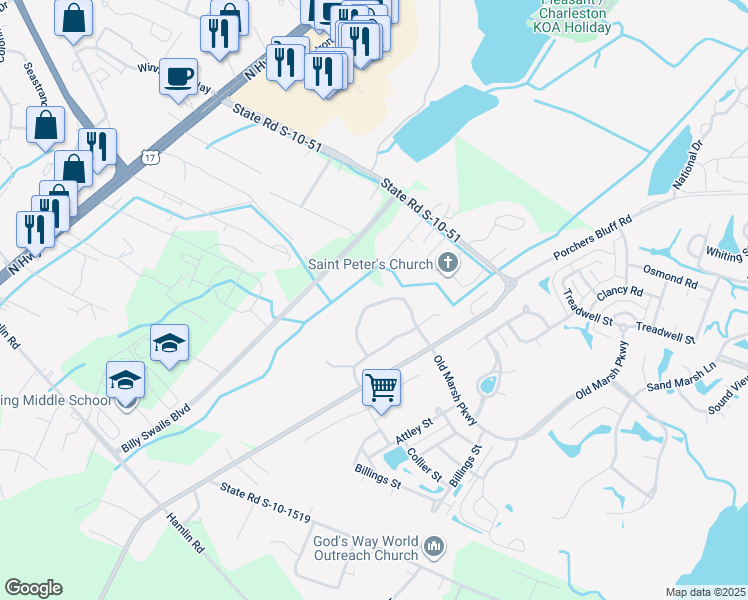map of restaurants, bars, coffee shops, grocery stores, and more near 1374 Hamlin Park Circle in Mount Pleasant