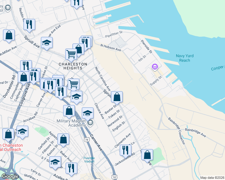 map of restaurants, bars, coffee shops, grocery stores, and more near 1816 Iris Street in North Charleston