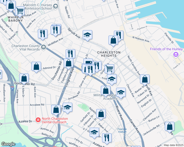 map of restaurants, bars, coffee shops, grocery stores, and more near 3318 Rivers Ave in Charleston