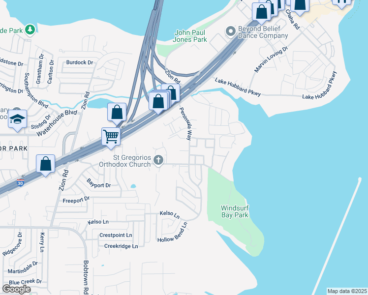 map of restaurants, bars, coffee shops, grocery stores, and more near 5129 Peninsula Way in Garland