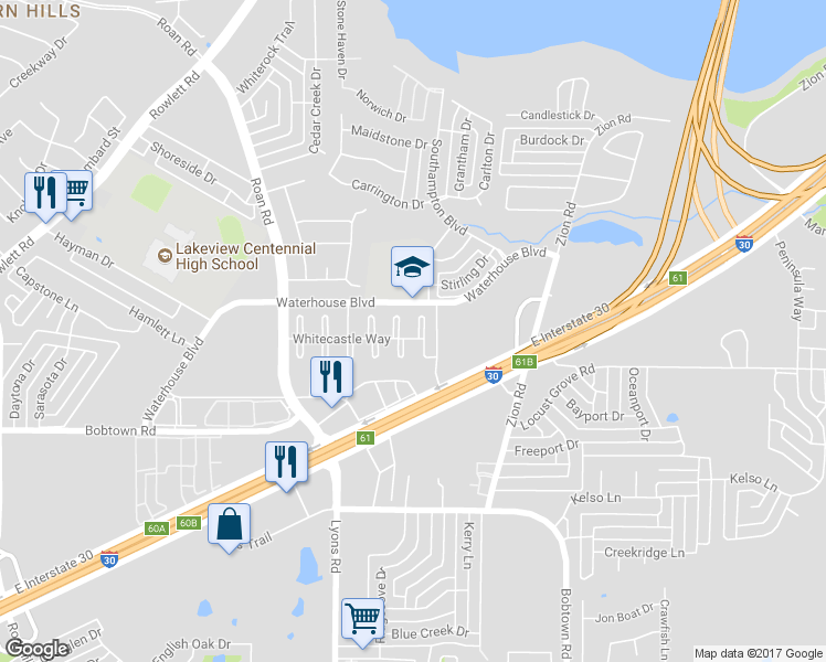 map of restaurants, bars, coffee shops, grocery stores, and more near 5114 Wyndham Court in Garland