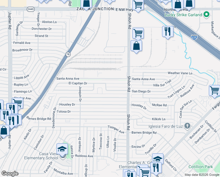 map of restaurants, bars, coffee shops, grocery stores, and more near 2703 San Diego Drive in Dallas