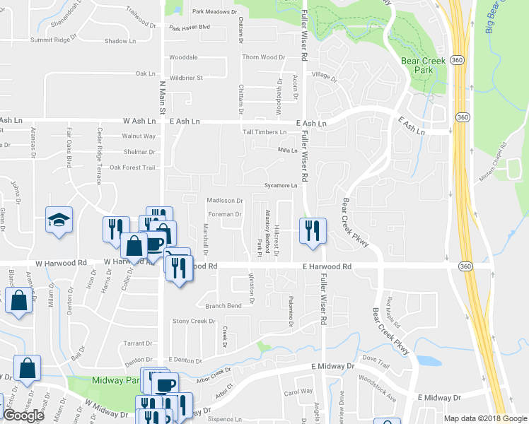 map of restaurants, bars, coffee shops, grocery stores, and more near 1233 Park Place in Euless