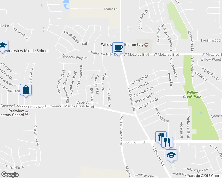 map of restaurants, bars, coffee shops, grocery stores, and more near 6424 Bay Lake Drive in Fort Worth