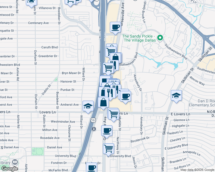 map of restaurants, bars, coffee shops, grocery stores, and more near 5601 Greenville Avenue in Dallas