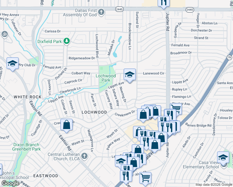 map of restaurants, bars, coffee shops, grocery stores, and more near 11716 Sahara Way in Dallas