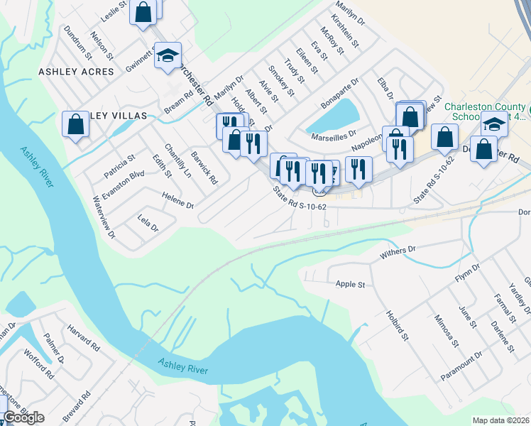 map of restaurants, bars, coffee shops, grocery stores, and more near 4640 Watkins Road in North Charleston