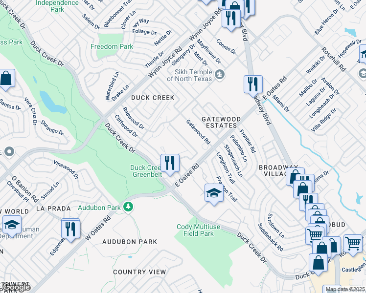 map of restaurants, bars, coffee shops, grocery stores, and more near 4834 Rollingwood Court in Garland