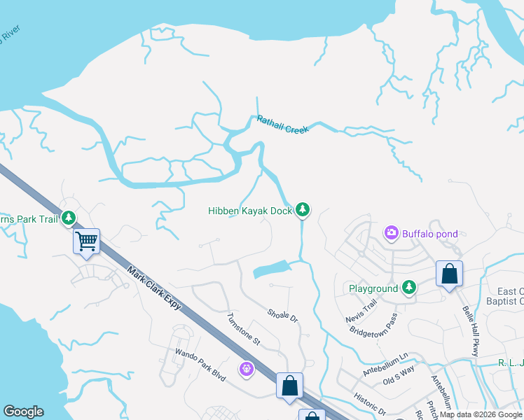 map of restaurants, bars, coffee shops, grocery stores, and more near 310 River Oak Drive in Mount Pleasant