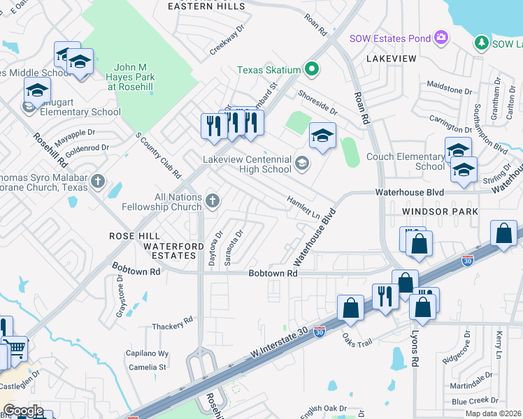 map of restaurants, bars, coffee shops, grocery stores, and more near 3310 Capstone Lane in Garland