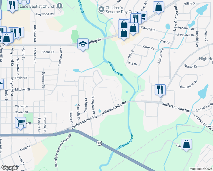 map of restaurants, bars, coffee shops, grocery stores, and more near 1003 Sparkle Avenue in Macon