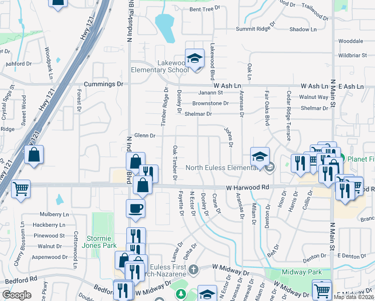 map of restaurants, bars, coffee shops, grocery stores, and more near 801 Chipwood Court in Euless