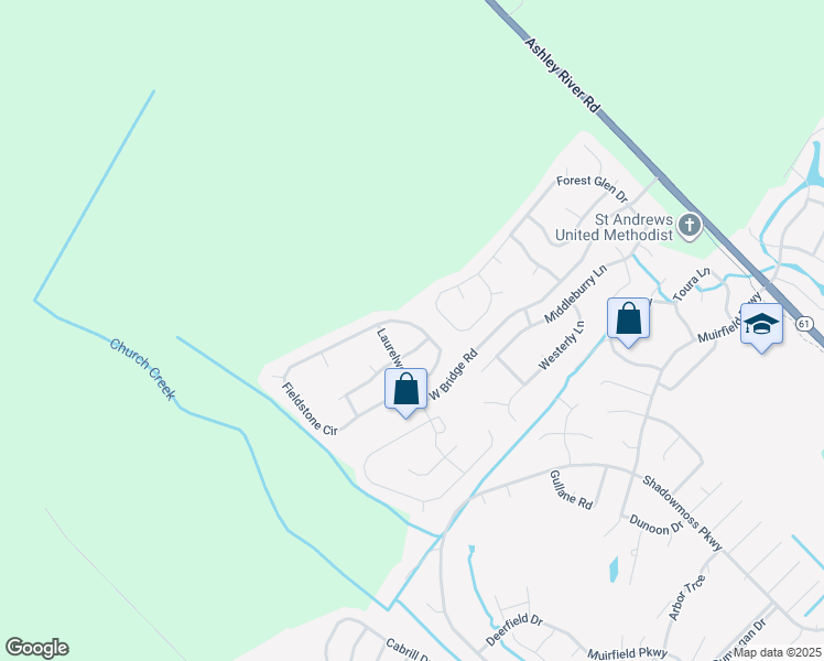 map of restaurants, bars, coffee shops, grocery stores, and more near 6107 Fieldstone Circle in Charleston