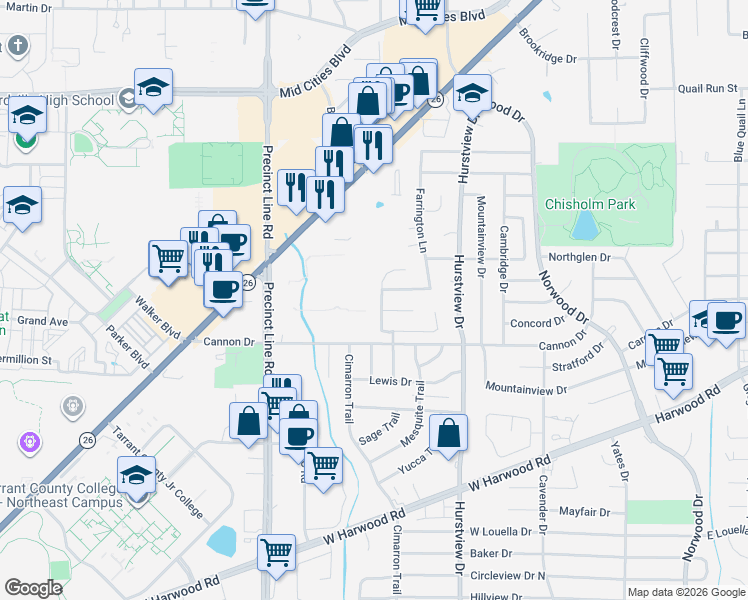 map of restaurants, bars, coffee shops, grocery stores, and more near 2121 Lookout Trail in Hurst