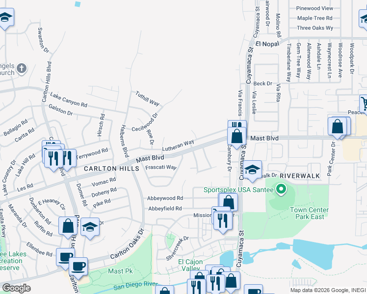 map of restaurants, bars, coffee shops, grocery stores, and more near 9677 Lutheran Way in Santee