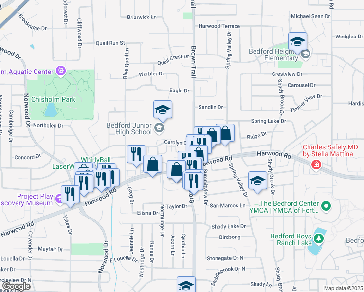 map of restaurants, bars, coffee shops, grocery stores, and more near 408 Carolyn Drive in Bedford