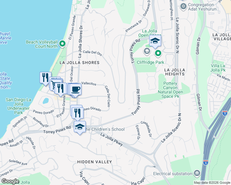 map of restaurants, bars, coffee shops, grocery stores, and more near 2605 Calle Del Oro in San Diego