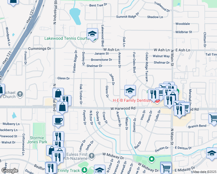 map of restaurants, bars, coffee shops, grocery stores, and more near 1210 Glenn Drive in Euless
