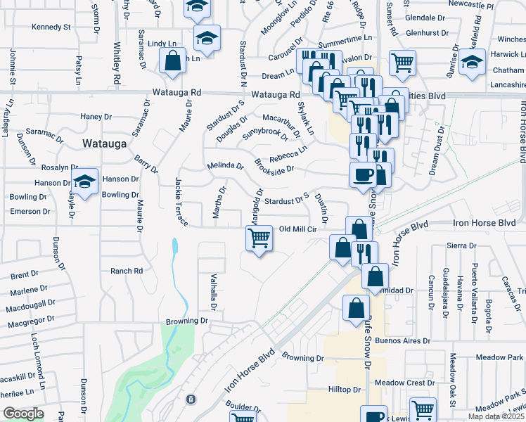 map of restaurants, bars, coffee shops, grocery stores, and more near 6405 Grasshopper Drive in Watauga