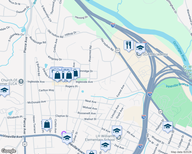 map of restaurants, bars, coffee shops, grocery stores, and more near 2155 Wildwood Drive in Macon