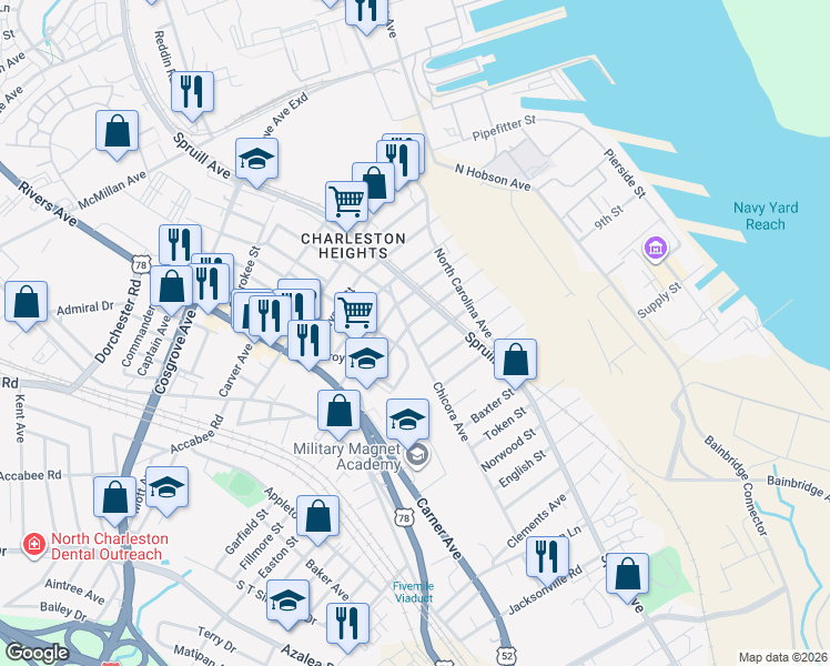 map of restaurants, bars, coffee shops, grocery stores, and more near 1914 Orvid Street in North Charleston