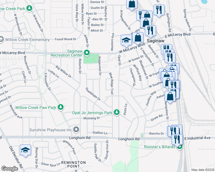 map of restaurants, bars, coffee shops, grocery stores, and more near 405 Palo Duro Circle in Saginaw