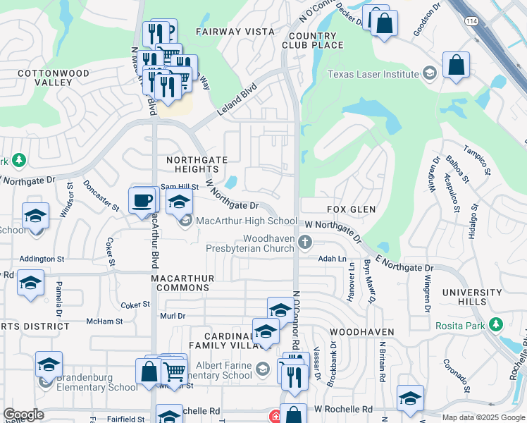 map of restaurants, bars, coffee shops, grocery stores, and more near 500 West Northgate Drive in Irving