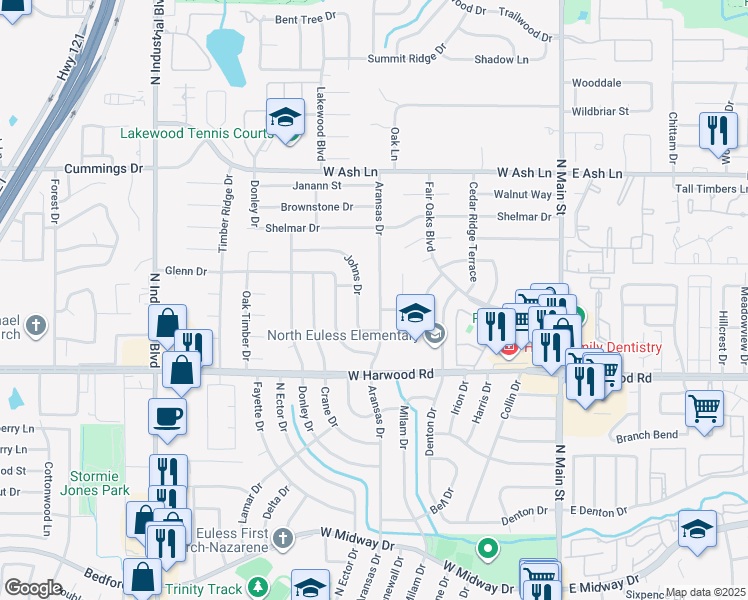map of restaurants, bars, coffee shops, grocery stores, and more near 1211 Aransas Drive in Euless