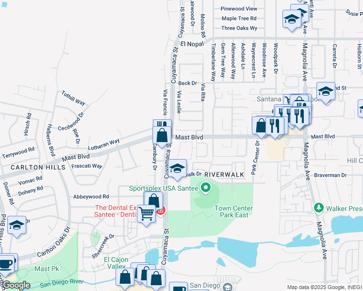 map of restaurants, bars, coffee shops, grocery stores, and more near 9775 Lorraine Way in Santee