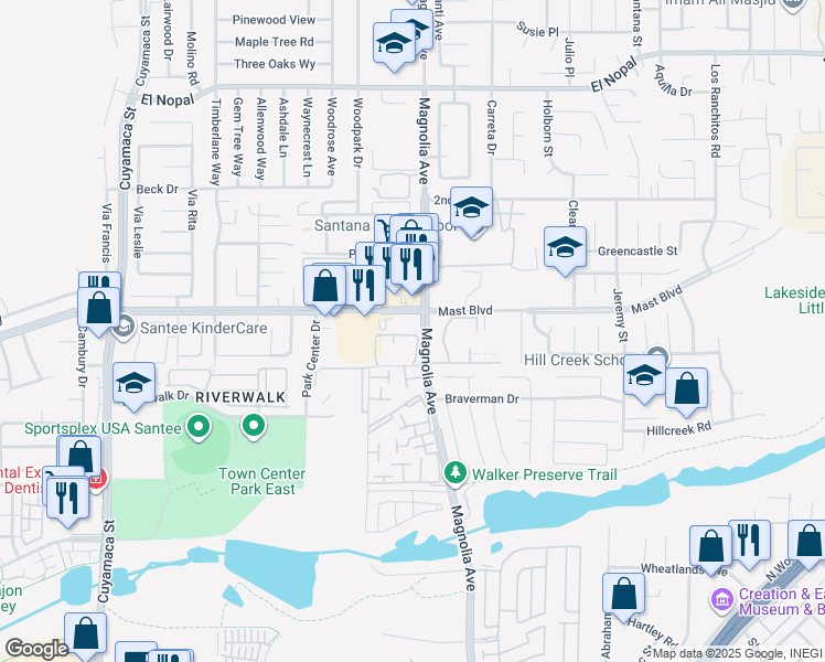 map of restaurants, bars, coffee shops, grocery stores, and more near 9740 Magnolia Avenue in Santee