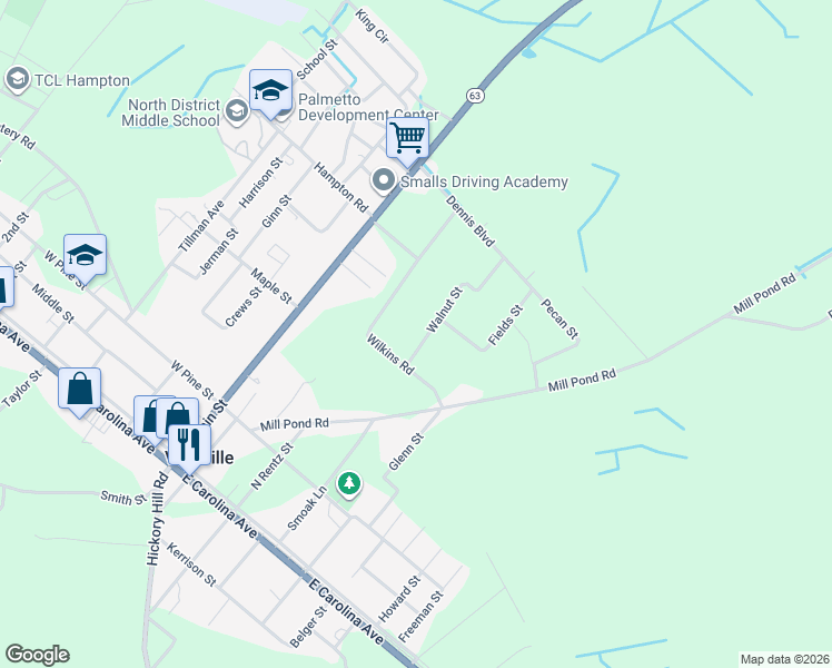 map of restaurants, bars, coffee shops, grocery stores, and more near 501-599 Walnut Street in Varnville