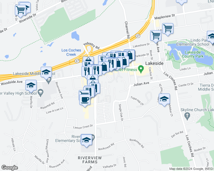 map of restaurants, bars, coffee shops, grocery stores, and more near 9727 Winter Gardens Boulevard in Lakeside