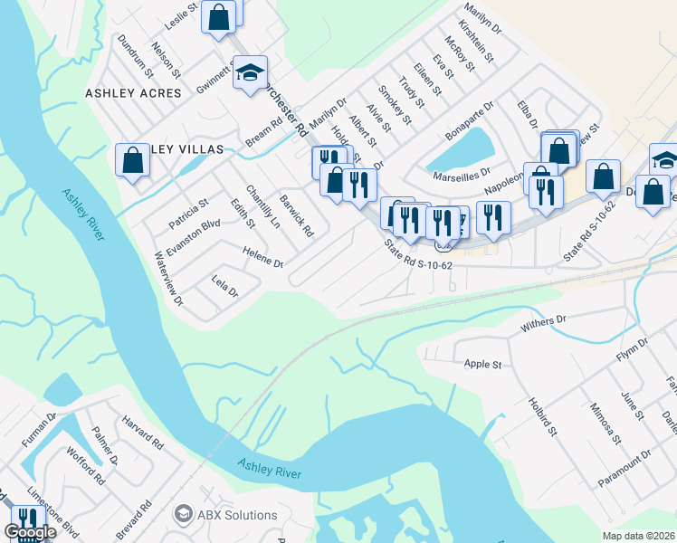 map of restaurants, bars, coffee shops, grocery stores, and more near 4708 Fetteressa Avenue in North Charleston