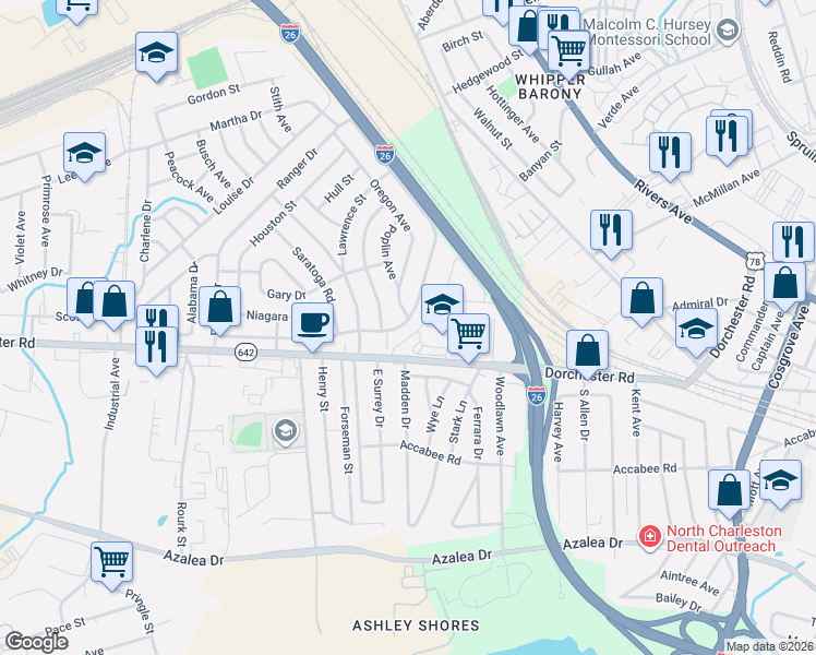map of restaurants, bars, coffee shops, grocery stores, and more near 2624 Ranger Drive in North Charleston