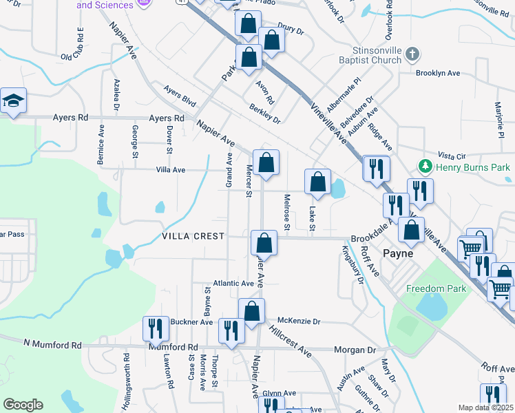 map of restaurants, bars, coffee shops, grocery stores, and more near 3860 Napier Avenue in Macon