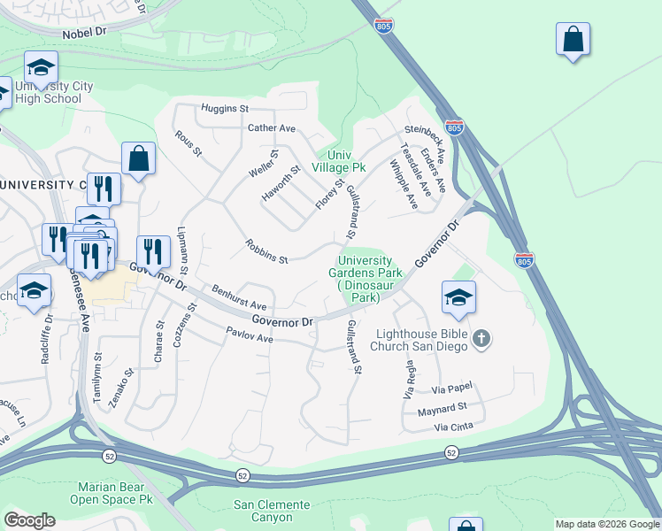 map of restaurants, bars, coffee shops, grocery stores, and more near 6690 Gullstrand Street in San Diego